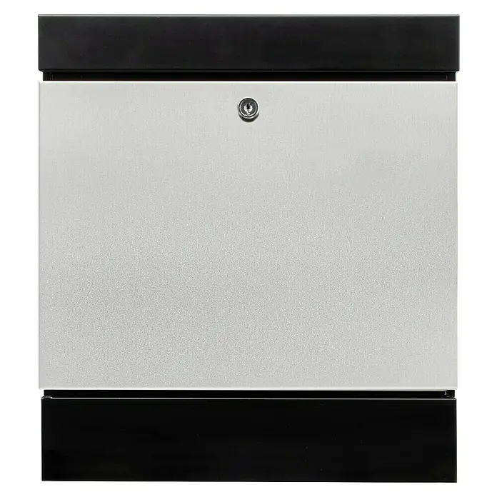 Burg-Wächter Wandbriefkasten 6848 B+S Seattle - L x B x H: 11 x 36,4 x 40,5 cm, Silber, Edelstahl, Zeitungsfach - Nahaufnahme eines modernen Briefkastens in Silber und Schwarz mit einem kleinen Schlüsselloch in der Mitte der Klappe.