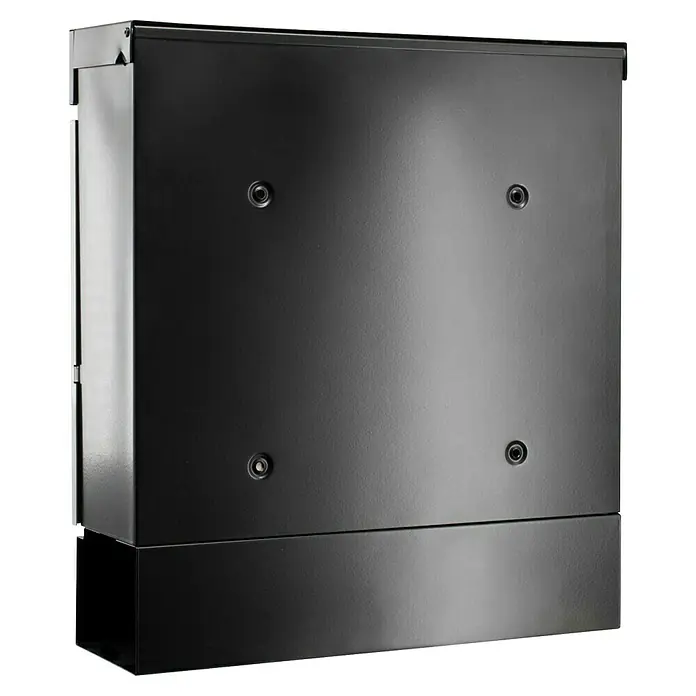 Burg-Wächter Wandbriefkasten 6848 B+S Seattle - L x B x H: 11 x 36,4 x 40,5 cm, Silber, Edelstahl, Zeitungsfach - Schwarzer Briefkasten mit einem schlichten, rechteckigen Design und vier runden Befestigungspunkten auf der Vorderseite.