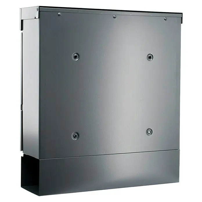 Burg-Wächter Wandbriefkasten 848 ANT Seattle - L x B x H: 11 x 36,4 x 40,5 cm, Anthrazit, Stahl, Zeitungsfach - Produktansicht: Ein grauer Wandbriefkasten mit Schrauben und einer rechteckigen Öffnung an der Unterseite für Post.