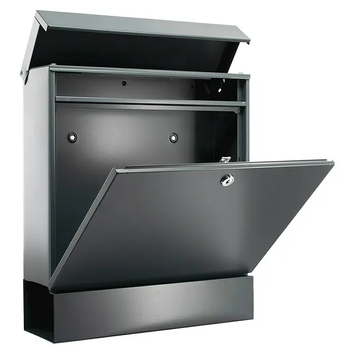 Burg-Wächter Wandbriefkasten 848 ANT Seattle - L x B x H: 11 x 36,4 x 40,5 cm, Anthrazit, Stahl, Zeitungsfach - Ein detailreiches Bild eines geöffneten, modernen Briefkastens aus dunklem Metall, ideal für sichere Postzustellung.