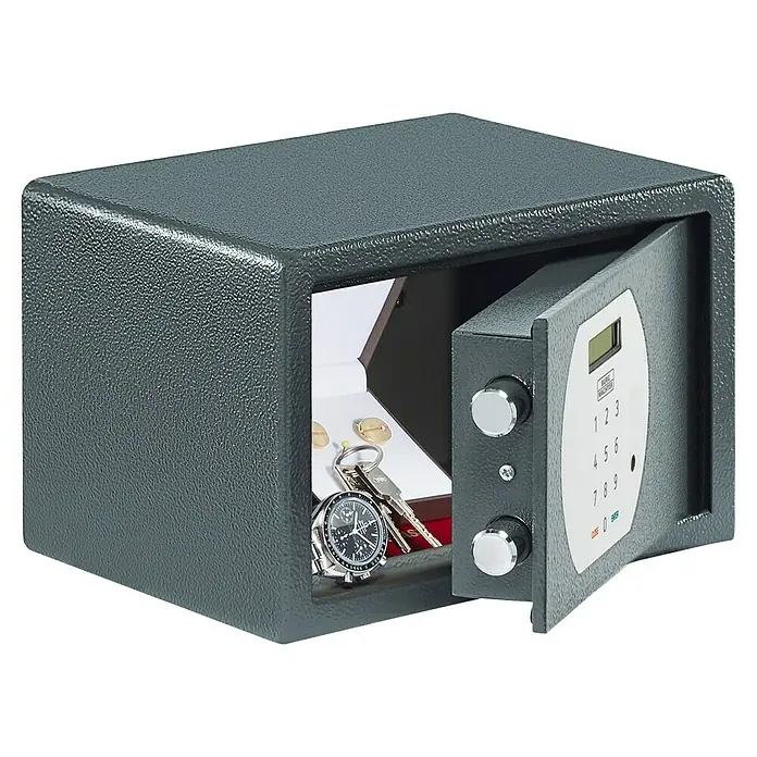 Burg-Wächter Möbeltresor PS 110E - L x B x H: 200 x 280 x 180 mm, Elektronisches Zahlenschloss - Ein grauer Tresor mit einer geöffneten Tür zeigt Schmuck, eine Uhr und Schlüssel, die darin aufbewahrt werden.