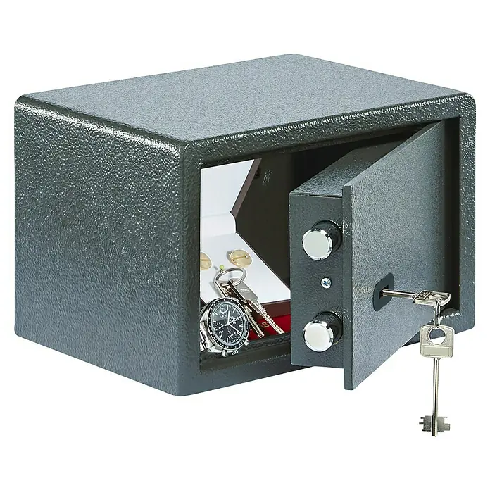 Burg-Wächter Möbeltresor PS 110K - L x B x H: 200 x 280 x 180 mm, Doppelbartschloss - Ein grauer Safe mit geöffneter Tür, der Schmuck, eine Uhr und Schlüssel enthält. Ideal zum Schutz Ihrer Wertsachen.