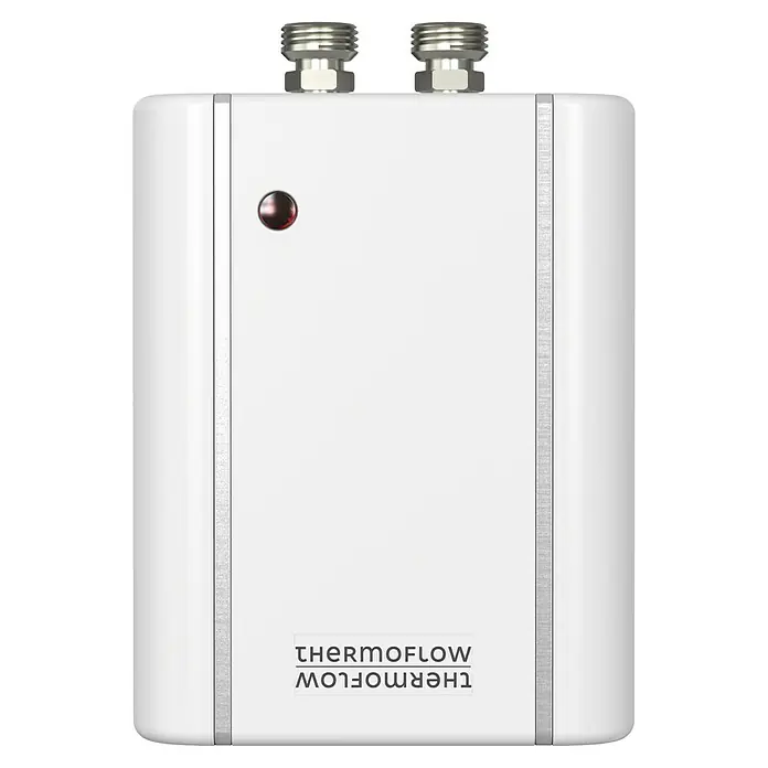 Thermoflow Kleindurchlauferhitzer Elex 3,5 - 3,5 kW, Elektronisch, Offen - Nahaufnahme eines weißen Thermoflow-Geräts mit silbernen Details, das ein schlankes und modernes Design aufweist.