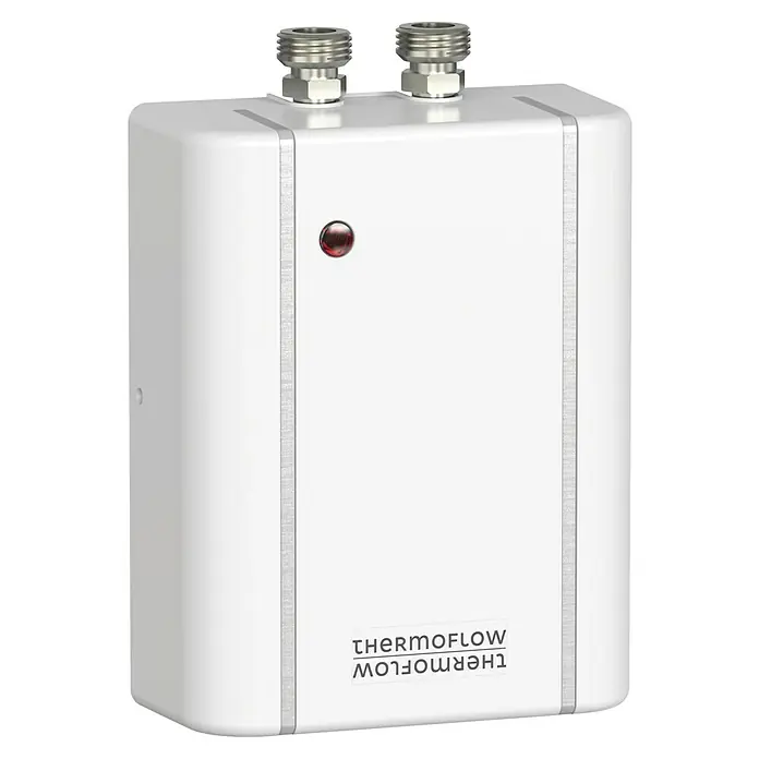 Thermoflow Kleindurchlauferhitzer Elex 3,5 - 3,5 kW, Elektronisch, Offen - Thermoflow Kleinspeicher, weißes Gehäuse mit silberfarbenen Akzenten und einem roten Indikatorlicht für den Betrieb.
