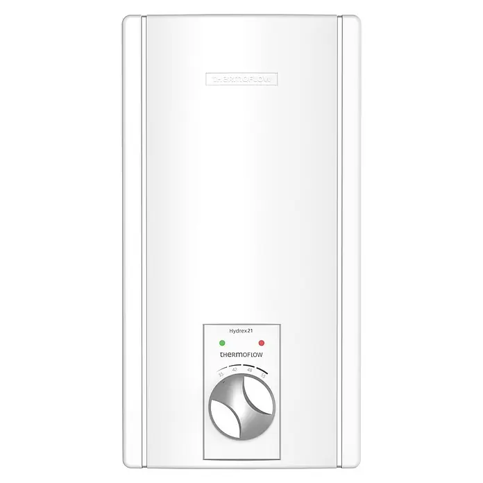 Thermoflow Durchlauferhitzer Hydrex 21 - 21 kW, Hydraulisch, Geschlossen - Abbildung eines Thermoflow Hydrex 21 Warmwasserbereiters, ein kompaktes und effizientes Gerät für die Warmwasserbereitung im Haushalt.