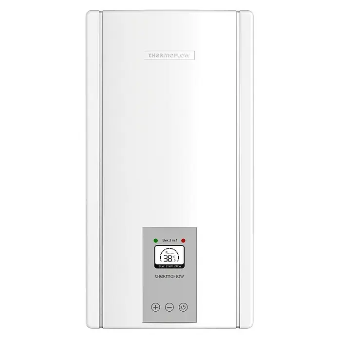 Thermoflow Durchlauferhitzer Elex 3 in 1 - 24 kW, Elektronisch, Geschlossen - Thermoflow Elex 3 in 1 Warmwasserbereiter in Weiß, modernes Design und digitale Steuerung für präzise Temperaturregelung.