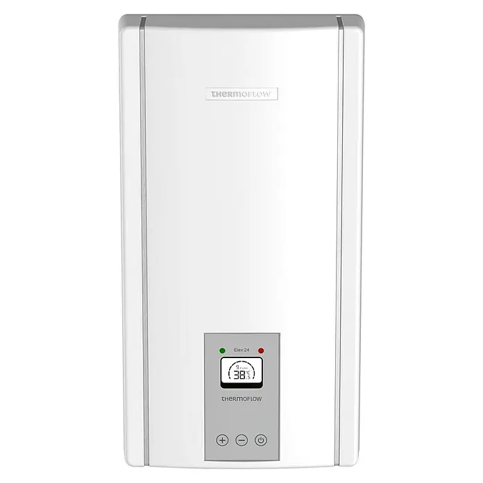 Thermoflow Durchlauferhitzer Elex 24N - 24 kW, Elektronisch, Geschlossen - Ein Thermoflow Elex 24 Warmwasserbereiter in Weiß mit digitaler Anzeige und Bedienelementen.