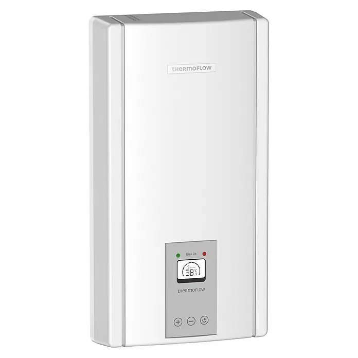 Thermoflow Durchlauferhitzer Elex 24N - 24 kW, Elektronisch, Geschlossen - Das Thermoflow Elex 24 Wandheizgerät in Weiß bietet effiziente Warmwasserbereitung mit benutzerfreundlicher digitaler Steuerung.
