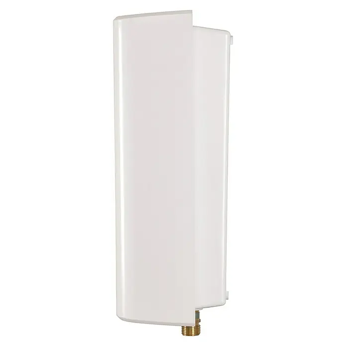 Thermoflow Durchlauferhitzer Elex 10 - 10 kW, Elektronisch, Geschlossen - Nahaufnahme einer weißen Panelantenne mit einem goldenen Anschlussstück. Das Produkt ist für den Empfang von Funksignalen konzipiert.