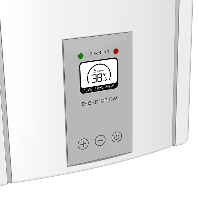 Thermoflow Durchlauferhitzer Elex 3 in 1 - 24 kW, Elektronisch, Geschlossen - Detailaufnahme eines Thermoflow Elex 3 in 1 Warmwasserbereiters mit digitaler Anzeige, die Durchfluss und Temperatur anzeigt, und Bedienelementen.