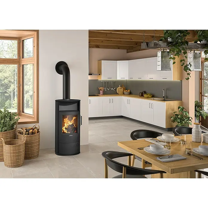 Justus Kaminofen Island 5 2.0 - Raumheizvermögen: 88 m³, Material Verkleidung: Stahl, Schwarz - Gemütliches Ambiente mit einem Kaminofen von Justus, der Wärme und Stil in den Raum bringt. Ideal für entspannte Stunden.