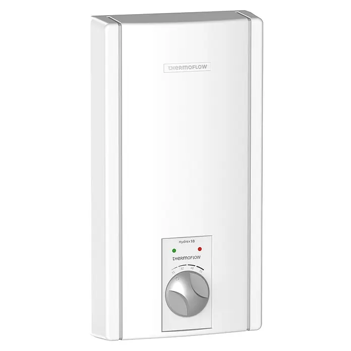 Thermoflow Durchlauferhitzer Hydrex 18 - 18 kW, Hydraulisch, Geschlossen - Ein kompakter, weißer Thermoflow Hydrex 18 Durchlauferhitzer für die Wandmontage. Er verfügt über einen Drehknopf zur Temperatureinstellung und Kontrollleuchten.