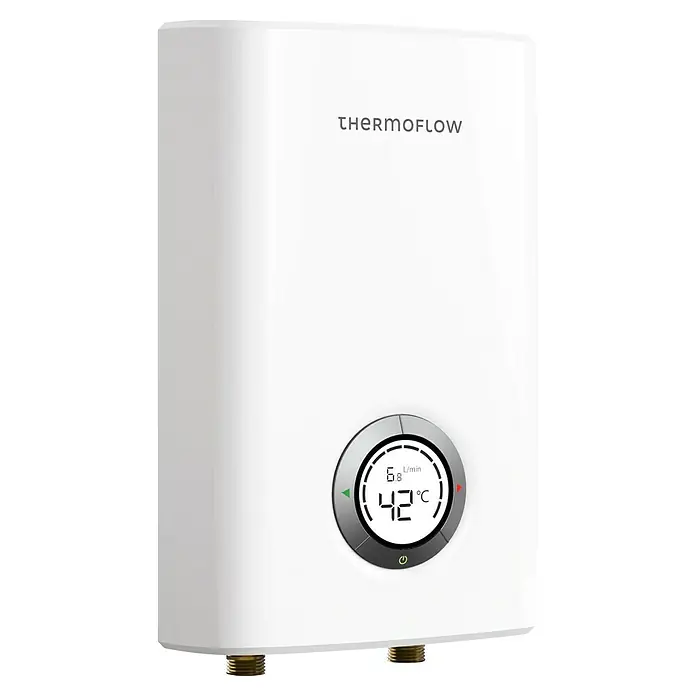 Thermoflow Durchlauferhitzer Elex 10 - 10 kW, Elektronisch, Geschlossen - Thermoflow Warmwasserbereiter in Weiß mit digitaler Anzeige für Temperatur und Durchflussmenge.