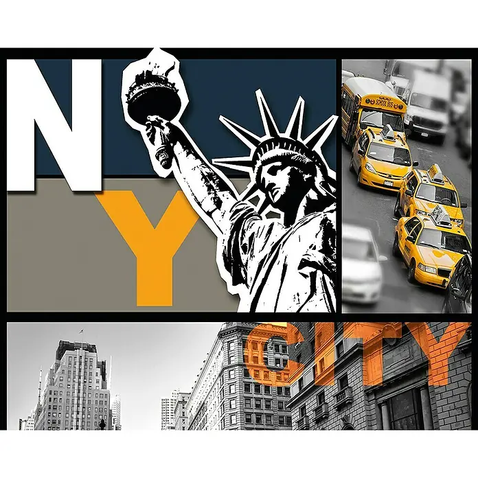 A.S. Création Designpanel pop.up - New York, Schwarz/Weiß/Bunt, 35 cm x 2,5 m - New York Collage mit der Freiheitsstatue, gelben Taxis und markanten Gebäuden. Perfekt, um die Essenz von NYC einzufangen!