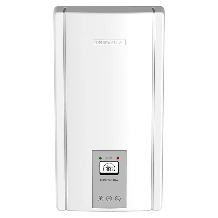Thermoflow Durchlauferhitzer Elex 18N - 18 kW, Elektronisch, Geschlossen - Ein weißer Thermoflow Elex 18 Durchlauferhitzer, ideal für die effiziente Warmwasserbereitung im Haushalt.