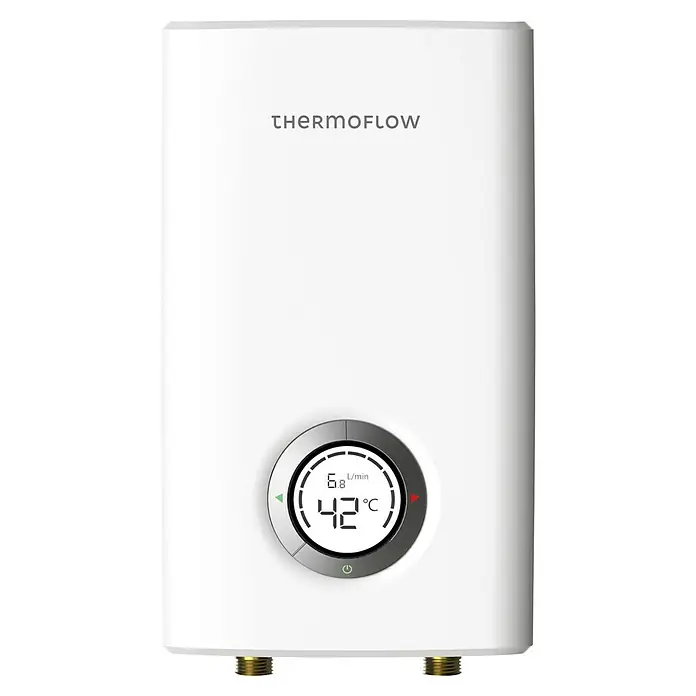 Thermoflow Durchlauferhitzer Elex 10 - 10 kW, Elektronisch, Geschlossen - Nahaufnahme eines Thermoflow-Wassererhitzers mit digitalem Display, das Temperatur und Durchfluss anzeigt.