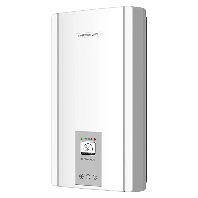 Thermoflow Calentador Elex 3-in-1 - 24 kW, Electrónico, Se puede cerrar - Calentador de agua instantáneo THERMOFLOW blanco con panel de control gris y pantalla digital.