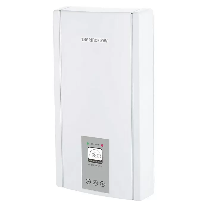 Thermoflow Calentador Elex 3-in-1 - 24 kW, Electrónico, Se puede cerrar - Calentador de agua eléctrico blanco con pantalla digital para temperatura y ajustes de potencia.