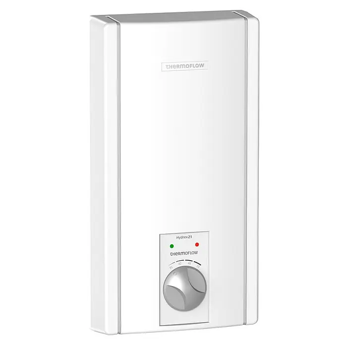 Thermoflow Durchlauferhitzer Hydrex 21 - 21 kW, Hydraulisch, Geschlossen - Das Bild zeigt einen Thermoflow Hydrex 21 Warmwasserbereiter in Weiß mit Temperaturregler und Kontrollleuchten.