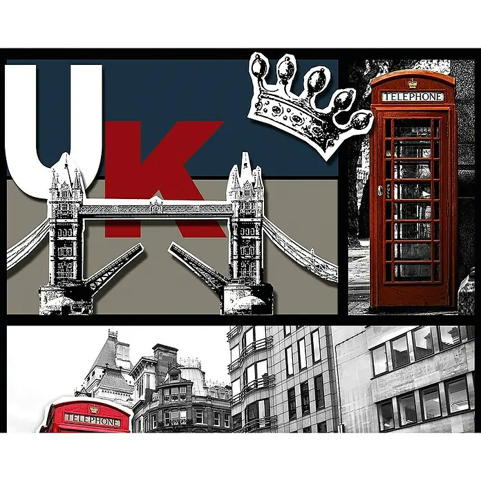 A.S. Création Designpanel pop.up - UK, Schwarz/Weiß/Bunt, 35 cm x 2,5 m - Collage mit UK-Motiven: Tower Bridge, Telefonzelle, Krone und moderne Architektur.