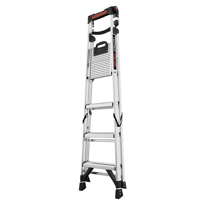 Little Giant Stehleiter XTRA LITE ALU 4 Stufen - Anzahl Tritte: 4 Stk., Arbeitshöhe: 308 cm, Belastbarkeit: 150 kg, Aluminium - Silberne Aluminium-Klappleiter mit Arbeitsplattform und schwarzen Akzenten, Marke 'Little Giant XTRA-LITE+'.