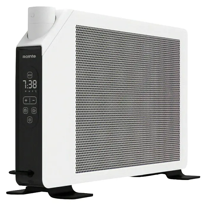 Rointe Convector digital portátil Giro - 2.000 W, 9 x 73 x 45 cm, Blanco - Primer plano de un calefactor RoInte blanco con pantalla digital y frontal de malla, que aporta calidez y confort a cualquier espacio.
