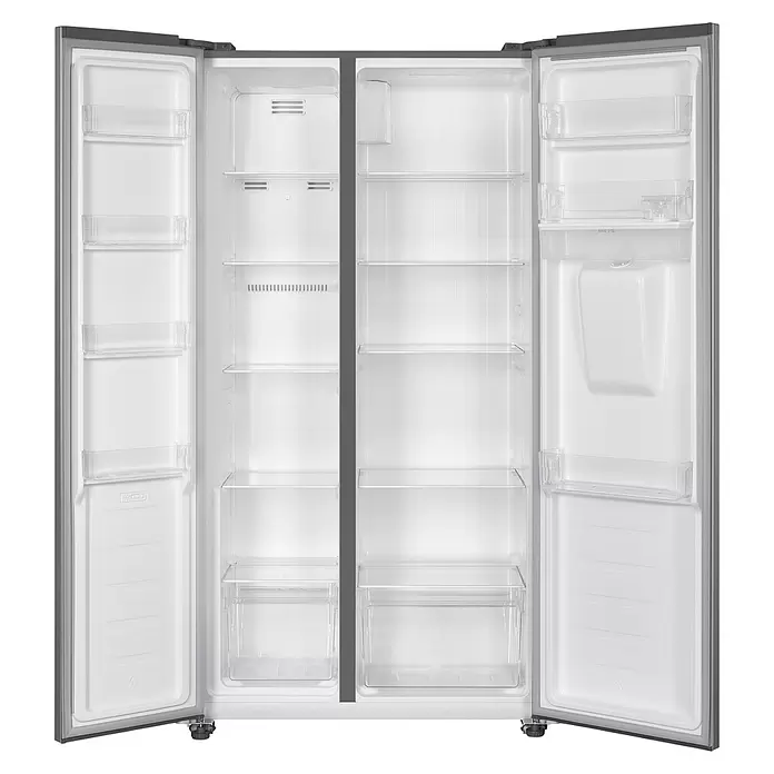 PKM Kühl-Gefrierkombination SBS444DIXWD - Nutzinhalt Gesamt: 439 l, 59 x 91 x 177 cm, Inox-Design - Offener, leerer Side-by-Side-Kühlschrank mit grauem Äußeren, weißem Inneren und transparenten Ablagen/Schubladen.