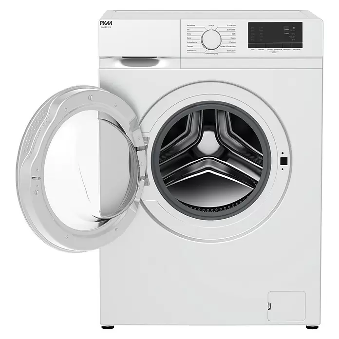 PKM Waschmaschine WA6-ES1512 - Max. Ladegewicht: 6 kg, Anzahl Programme: 15 Stk., Weiß - Weiße Frontlader-Waschmaschine mit geöffneter Tür, die die Edelstahltrommel zeigt.