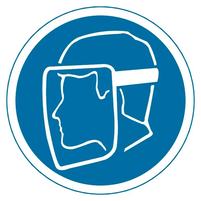 Cartel - Azul/Blanco, Uso obligatorio de pantalla de seguridad, 10,5 x 10,5 cm - Señal que indica "Usar protección facial". Simboliza a una persona que lleva una pantalla facial para protegerse de peligros.