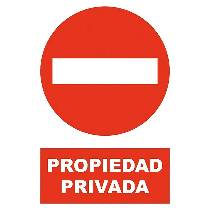 Cartel - Rojo/Blanco, Propiedad privada - Señal roja de prohibición con línea horizontal blanca y el texto "Propiedad Privada", indicando propiedad privada.