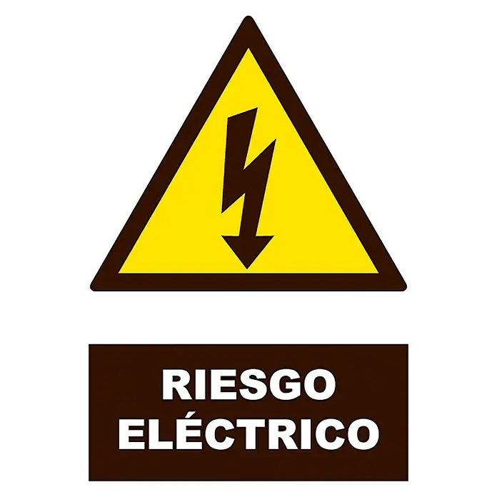 Cartel - Amarillo/Negro, Precaución Alta Tensión, 23 x 34 cm - Triángulo amarillo con símbolo de rayo advierte del peligro de descarga eléctrica, complementado con "Riesgo Eléctrico" sobre fondo marrón.