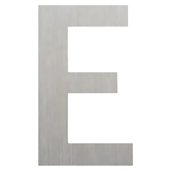 Etiqueta adhesiva troquelada 10 cm - E, Plástico, Plateado, Autoadhesivo - Primer plano de una letra E de acero cepillado, ideal para personalizar letreros comerciales o decoración del hogar.