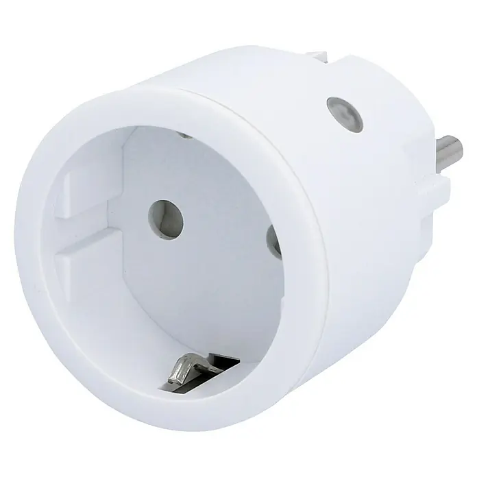 Intertek Funksteckdosen-Set mit Fernbedienung - Weiß, 3 Stk. - Weißer Schutzkontakt-Adapter mit rundem Design und sichtbaren Stiften zur Stromversorgung.