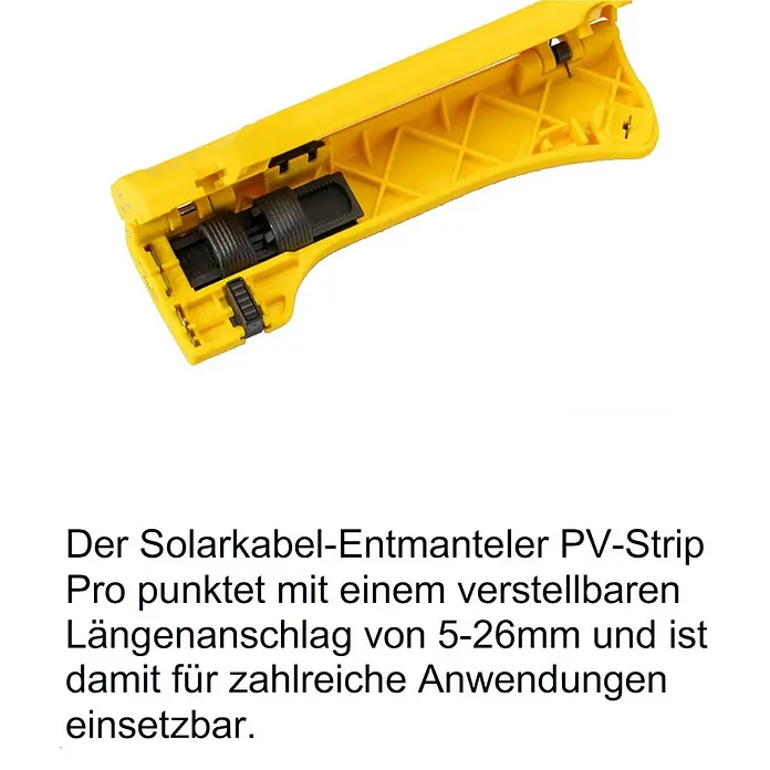 Jokari Kabelentmanteler PV Entmatler - Geeignet für Leitungsquerschnitt: 1,5 mm² - 16 mm² - Der PV-Strip Pro Solarkabel-Entmanteler mit verstellbarem Längenanschlag für diverse Anwendungen.