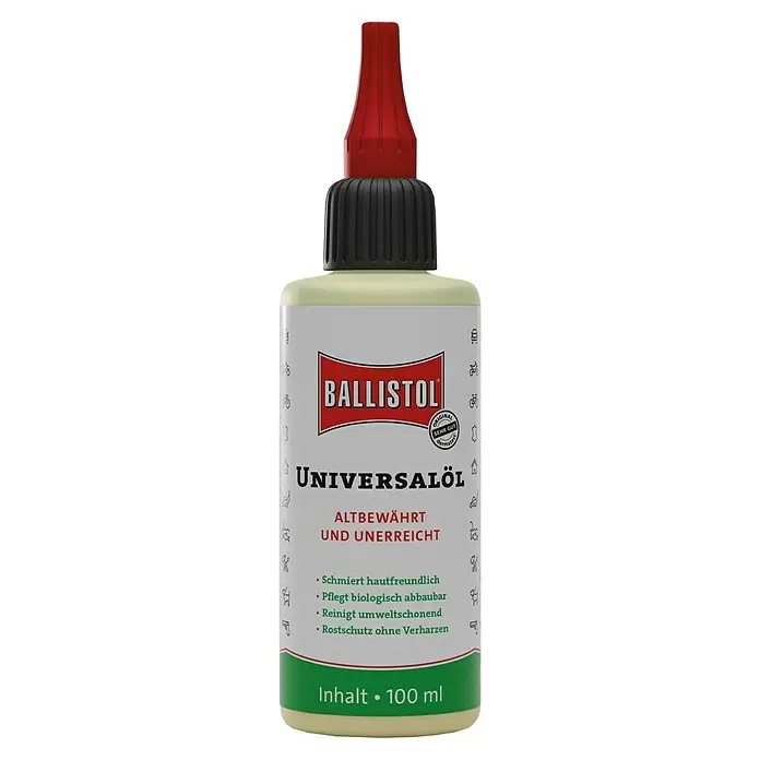 Ballistol Universalöl - 100 ml, Öl - Helle, cremefarbene Flasche Ballistol Universalöl mit roter Kappe und geriffeltem, schwarzem Schraubverschluss. Weißes Etikett mit roter und grüner Schrift.