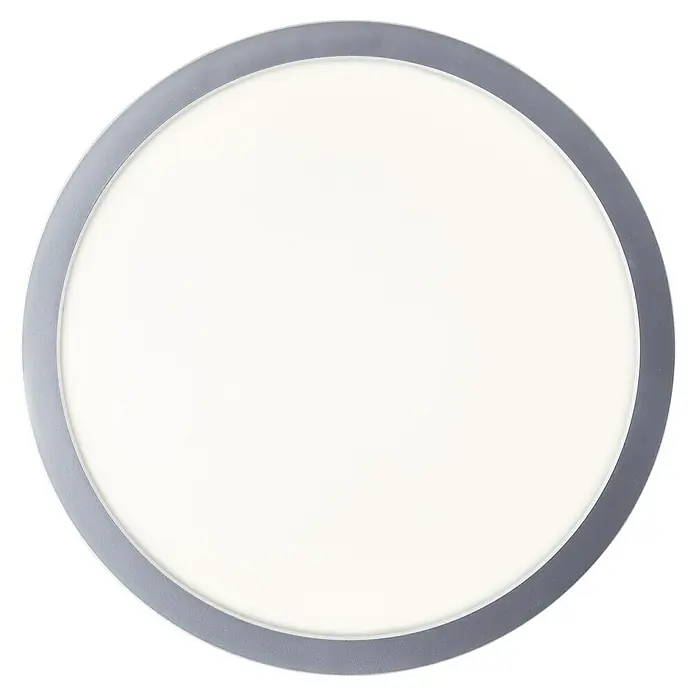 Brilliant LED-Deckenleuchte rund Navara - 18 W, Ø x H: 27,5 x 3,1 cm, Silber, Neutralweiß - Runde LED-Deckenleuchte mit grauem Rahmen, ideal für moderne Wohnräume. Das Licht ist hell und gleichmäßig verteilt.
