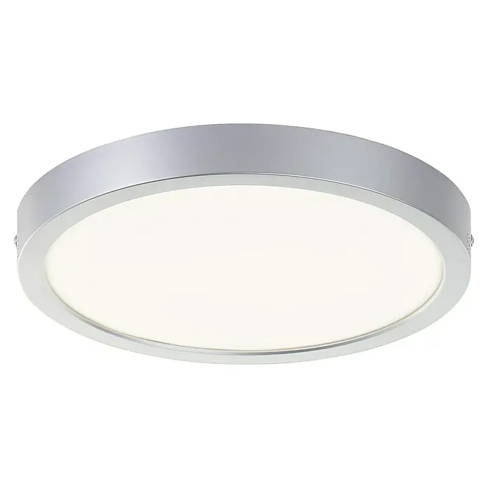 Brilliant LED-Deckenleuchte rund Navara - 18 W, Ø x H: 27,5 x 3,1 cm, Silber, Neutralweiß - Nahaufnahme einer runden LED-Deckenleuchte mit silbernem Rahmen, die ein helles, einladendes Licht ausstrahlt. Ideal für moderne Innenräume.