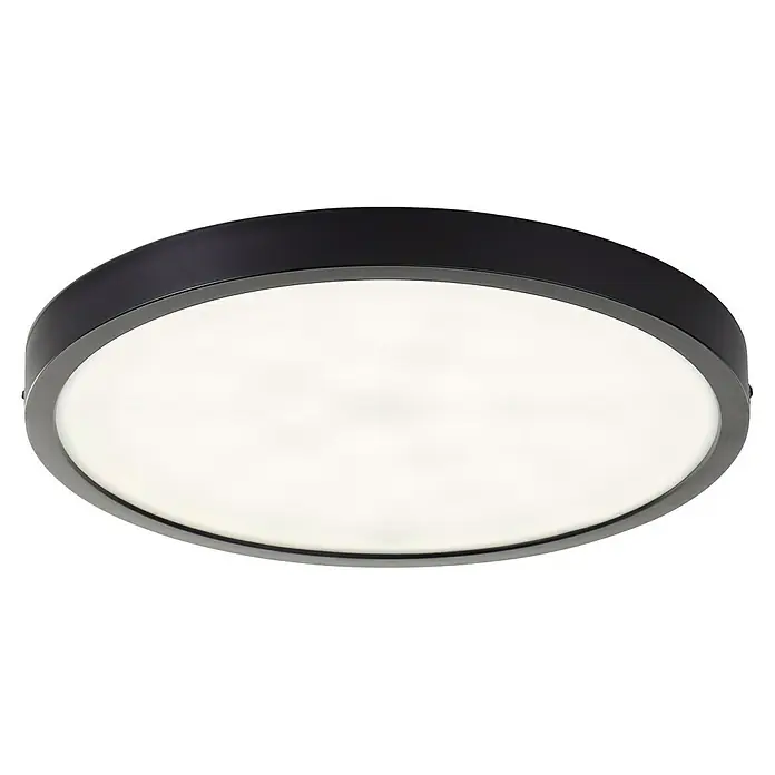 Brilliant LED-Deckenleuchte rund Navara - 24 W, Ø x H: 37,5 x 3,1 cm, Schwarz, Neutralweiß - Nahaufnahme einer schwarzen runden Deckenleuchte mit einem hellen, diffusen Lichtelement, ideal für moderne Innenräume.