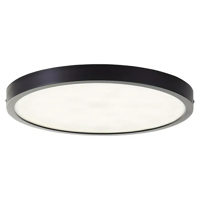Brilliant LED-Deckenleuchte rund Navara - 24 W, Ø x H: 37,5 x 3,1 cm, Schwarz, Neutralweiß - Nahaufnahme einer runden Deckenleuchte mit schwarzem Rahmen und weißem Diffusor, die ein helles, gleichmäßiges Licht abstrahlt.