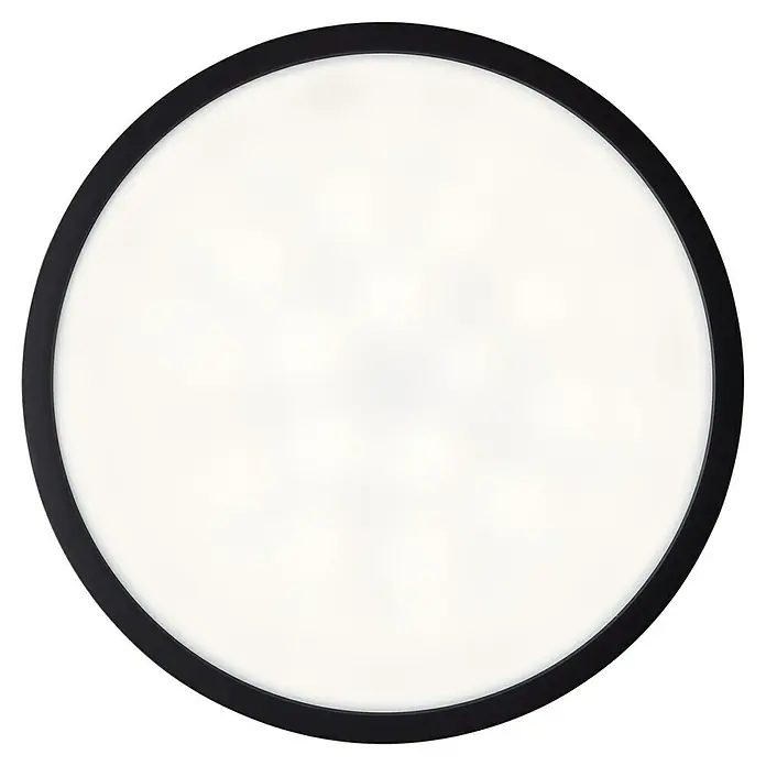 Brilliant LED-Deckenleuchte rund Navara - 24 W, Ø x H: 37,5 x 3,1 cm, Schwarz, Neutralweiß - Nahaufnahme einer runden, schwarzen Deckenleuchte mit hellem, diffusem Licht, ideal für moderne Innenräume und eine gleichmäßige Ausleuchtung.