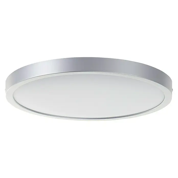 Brilliant LED-Deckenleuchte rund Navara - 24 W, Ø x H: 37,5 x 3,1 cm, Silber, Neutralweiß - Nahaufnahme einer runden Deckenleuchte mit silbernem Rahmen und weißem Diffusor. Perfekt für moderne Innenräume.\n