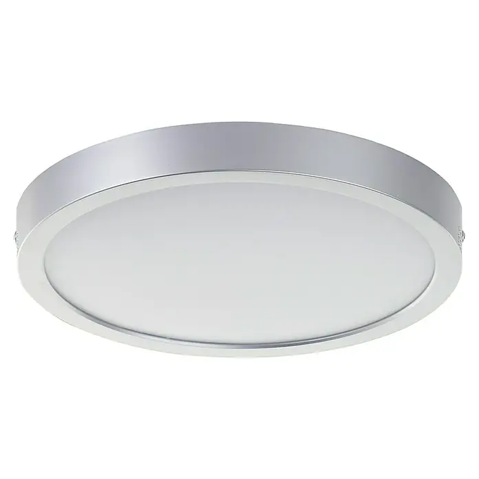 Brilliant LED-Deckenleuchte rund Navara - 18 W, Ø x H: 27,5 x 3,1 cm, Silber, Neutralweiß - Nahaufnahme einer runden LED-Deckenleuchte mit silbernem Rahmen, die ein modernes und helles Design für Innenräume bietet.
