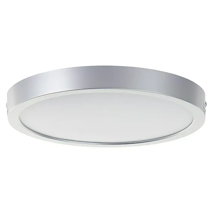 Brilliant LED-Deckenleuchte rund Navara - 18 W, Ø x H: 27,5 x 3,1 cm, Silber, Neutralweiß - Nahaufnahme einer runden Deckenleuchte mit silbernem Rahmen und weißem Diffusor. Diese Leuchte bietet eine elegante und moderne Beleuchtungslösung.