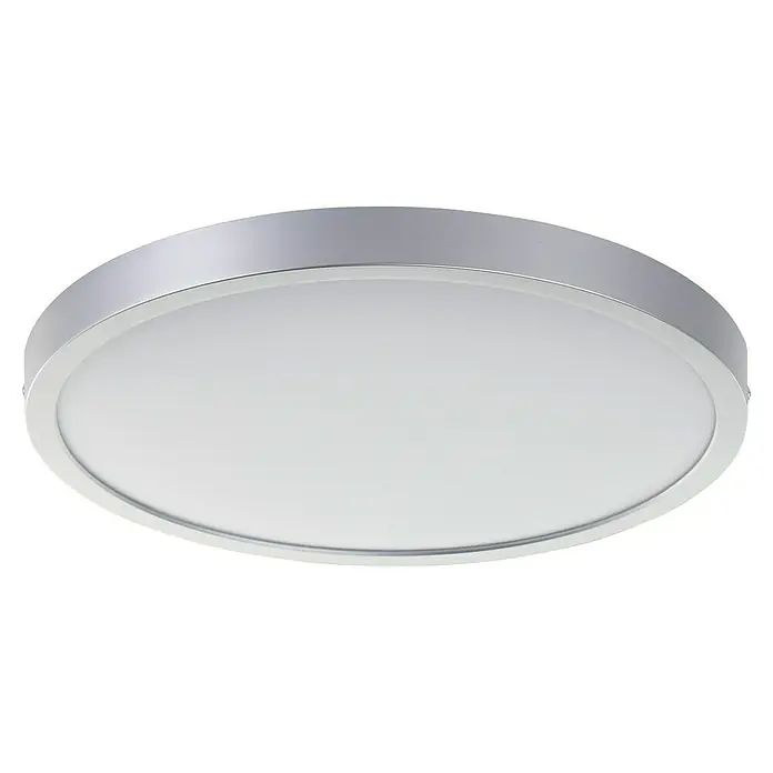 Brilliant LED-Deckenleuchte rund Navara - 24 W, Ø x H: 37,5 x 3,1 cm, Silber, Neutralweiß - Nahaufnahme einer runden LED-Deckenleuchte mit silbernem Rahmen und weißem Diffusor, ideal für moderne Innenräume.