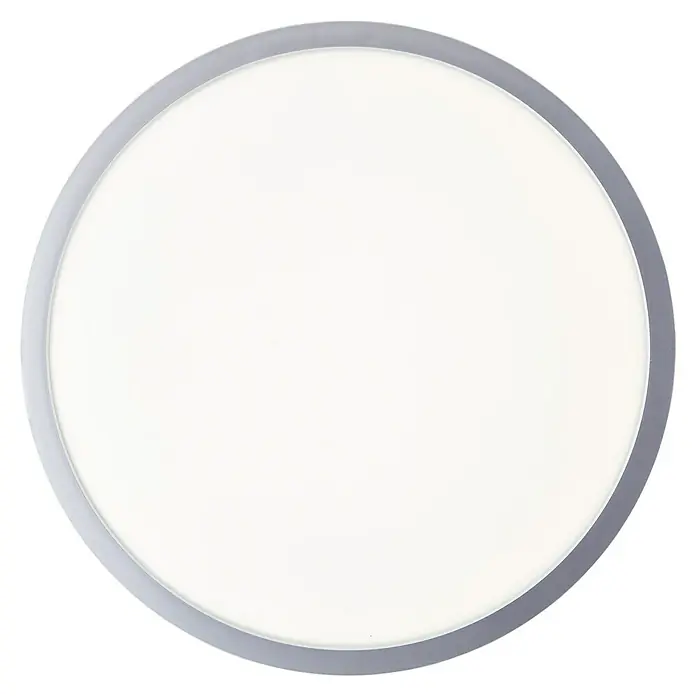 Brilliant LED-Deckenleuchte rund Navara - 24 W, Ø x H: 37,5 x 3,1 cm, Silber, Neutralweiß - Nahaufnahme einer runden, weißen LED-Deckenleuchte mit einem schmalen, silberfarbenen Rahmen auf schwarzem Hintergrund.