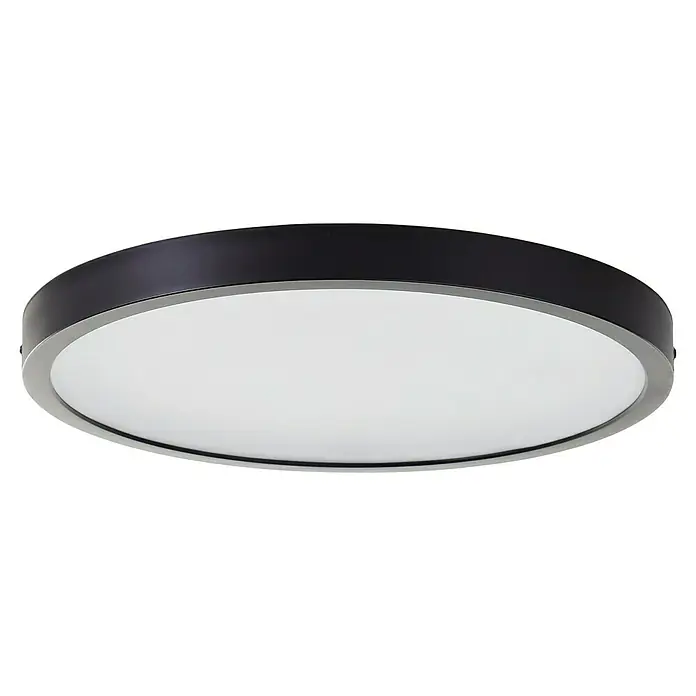 Brilliant LED-Deckenleuchte rund Navara - 24 W, Ø x H: 37,5 x 3,1 cm, Schwarz, Neutralweiß - Nahaufnahme einer runden Deckenleuchte mit schwarzem Rand und weißem Diffusor, die ein modernes und elegantes Design zeigt.