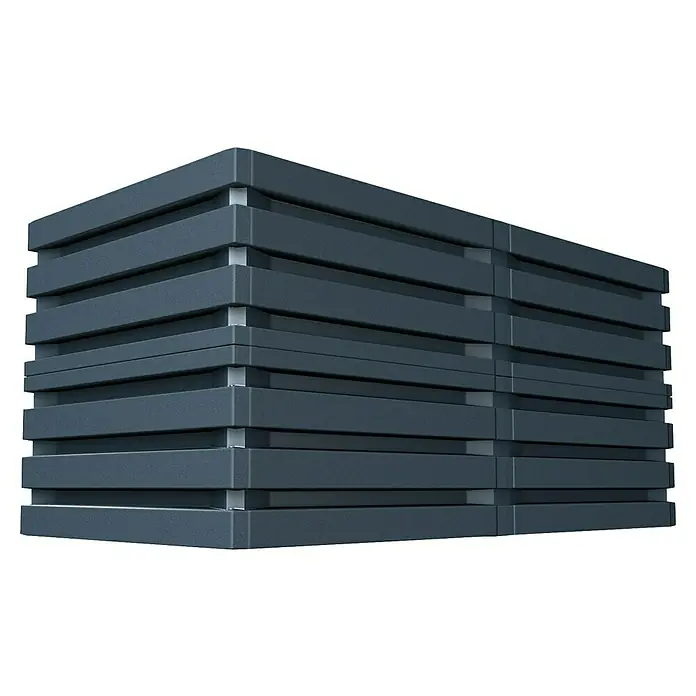 Garantia Huerto Skyline L - 161 x 80 x 75 cm, Plástico, Grafito - Una imagen detallada que muestra una fachada de edificio gris con lamas horizontales y detalles plateados, destacando su diseño moderno.