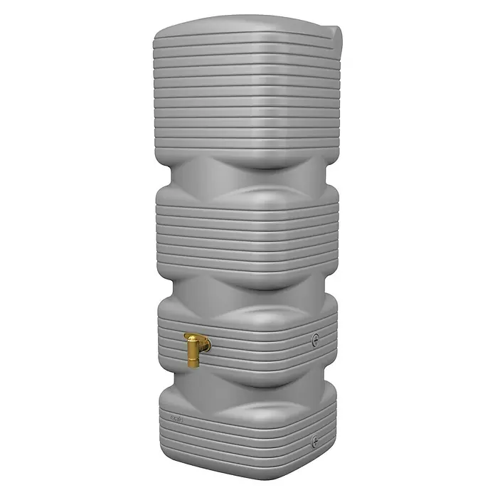 4rain Regenspeicher Quadro - 170 l, Betongrau - Grauer Regenwassertank mit goldenem Wasserhahn, ideal für die Gartenbewässerung und umweltfreundliche Wassernutzung.