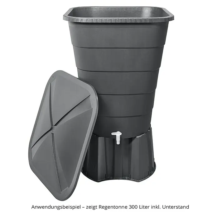 Garantia Regentonne Ibiza - 300 l, Graphitgrau, 1 Stk. - Graue Regentonne mit Deckel und Wasserhahn, ideal zum Sammeln von Regenwasser für den Garten.