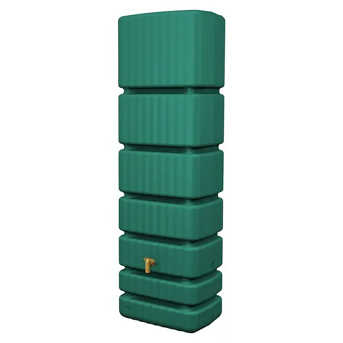 4rain Regenspeicher Slim - 350 l, Dunklegrün, 1 Stk. - Grüner Wasserbehälter für den Garten. Ideal zur Wasserspeicherung für Pflanzenbewässerung mit einem Messinghahn.